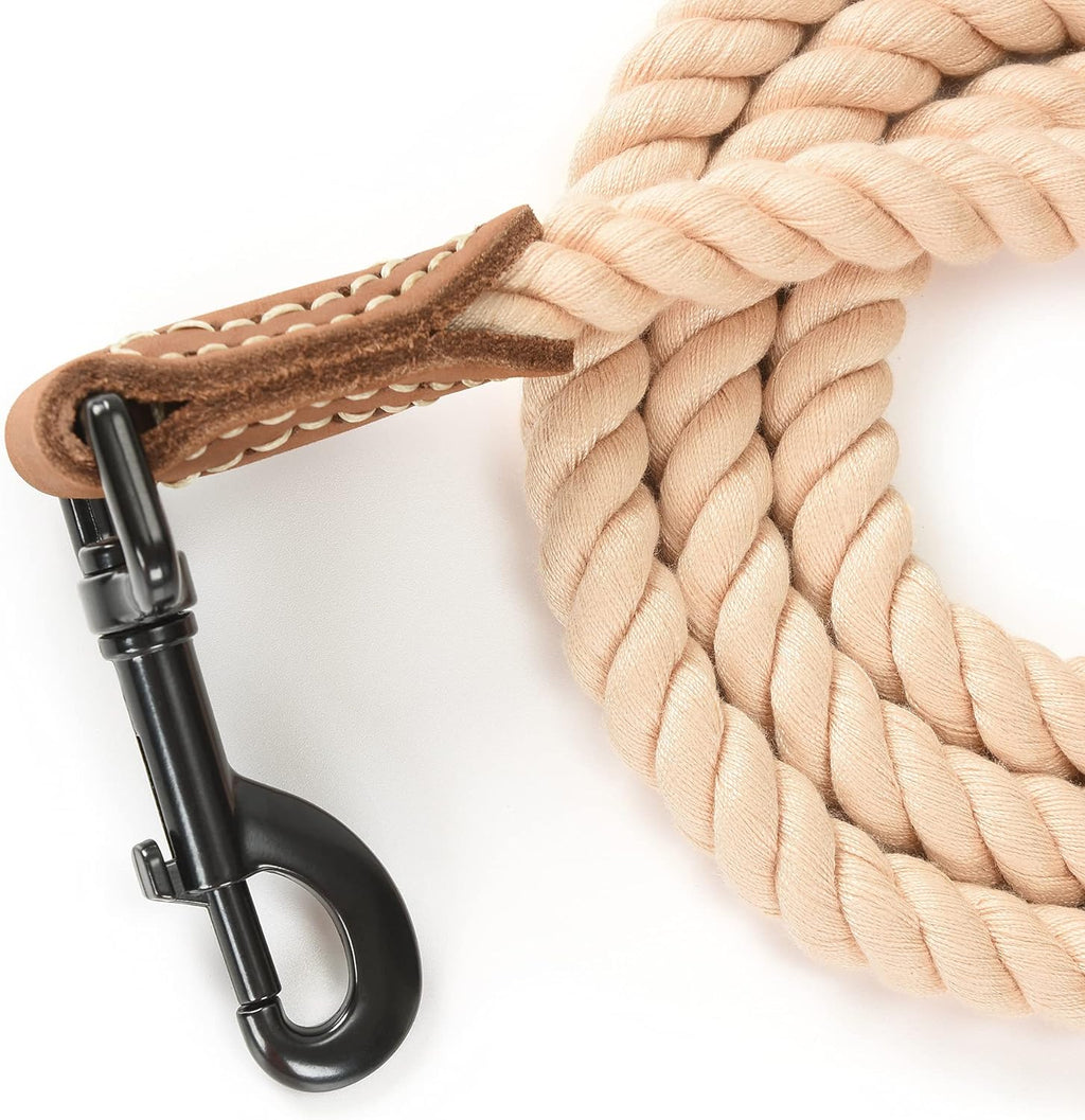 Dog Leash, Braided Cotton Rope Leash with Leather Tip