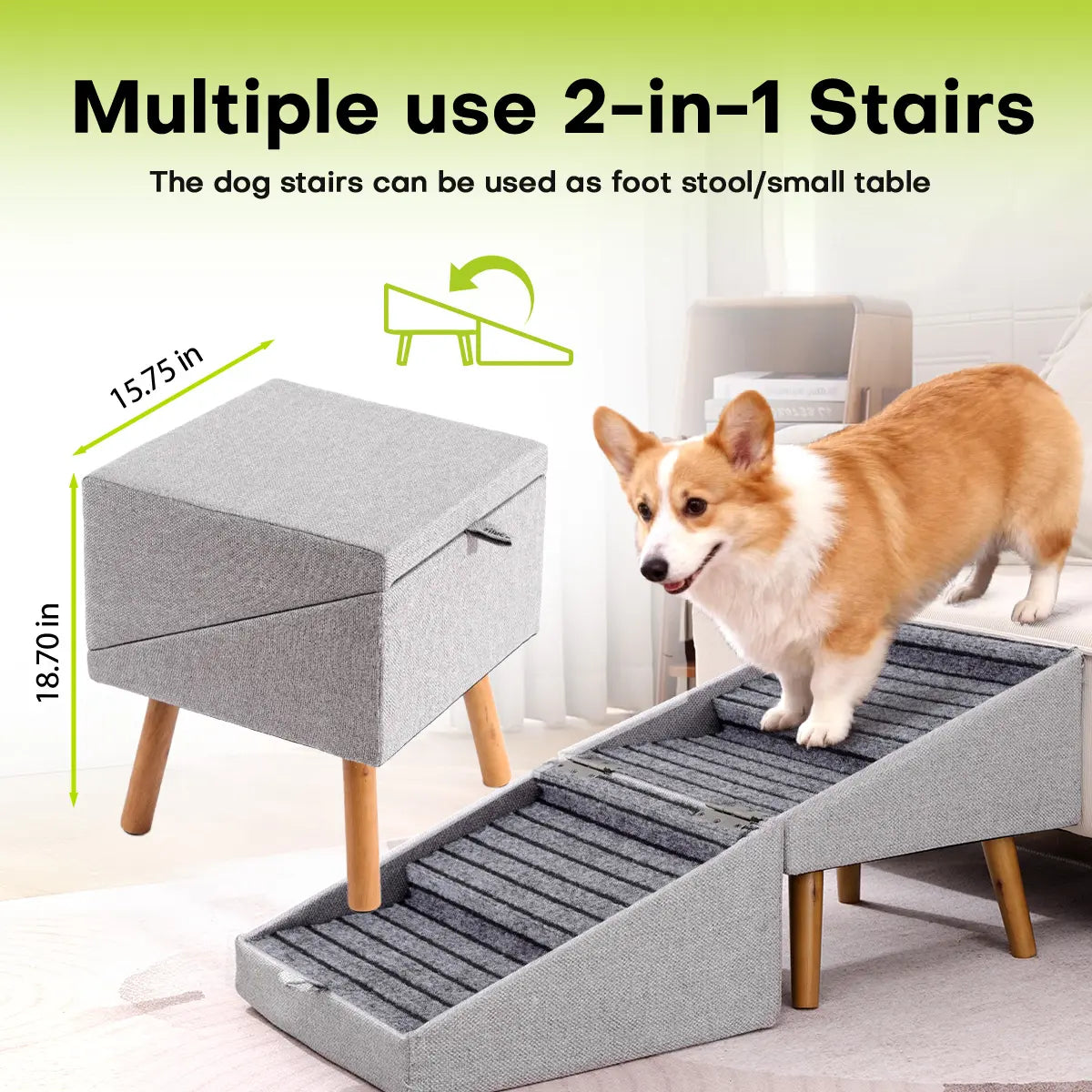 2-in-1 Convertible Wooden Dog Stairs & Ramp | Adjustable Ottoman Step Stool for Small & Senior Pets