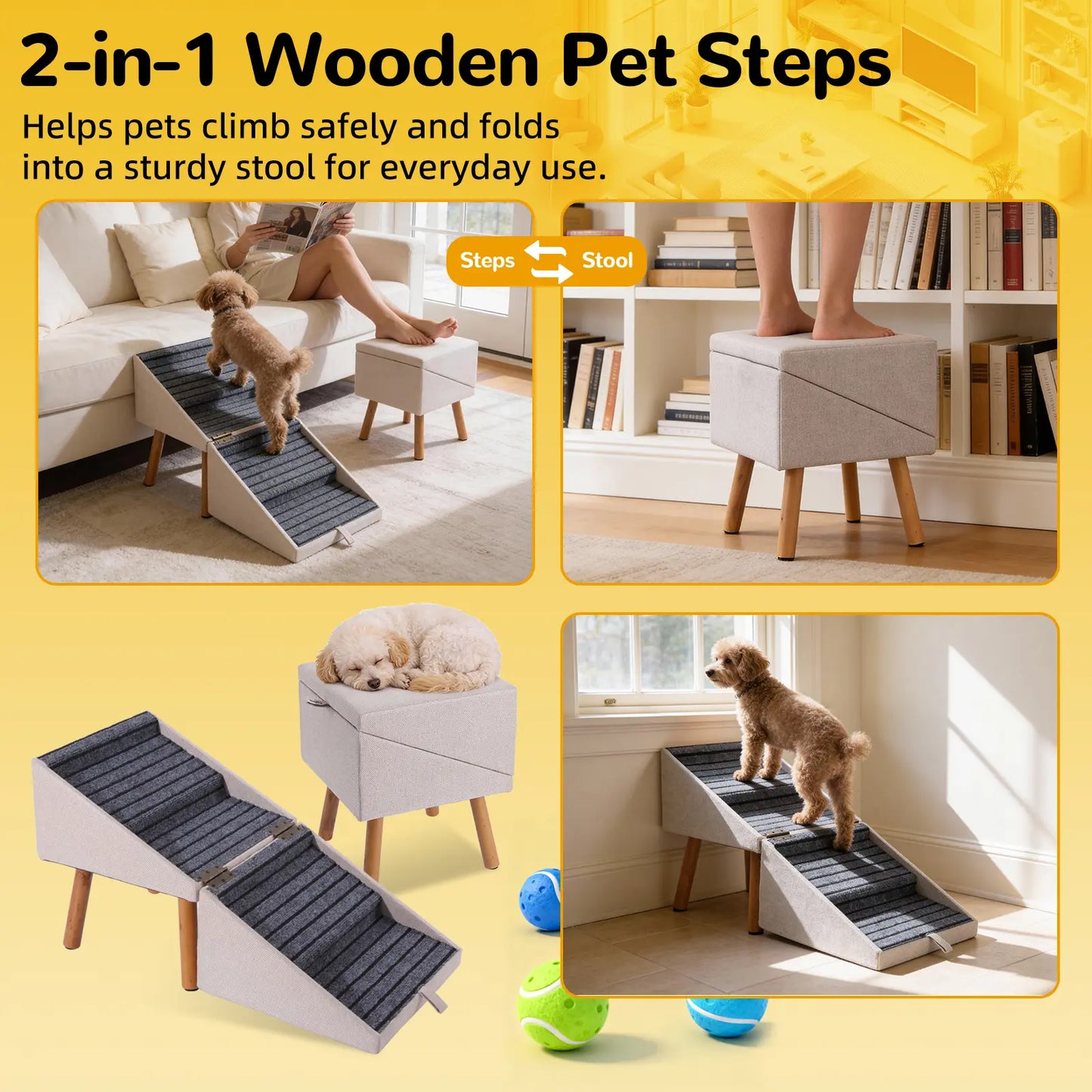 2-in-1 Convertible Wooden Dog Stairs & Ramp | Adjustable Ottoman Step Stool for Small & Senior Pets
