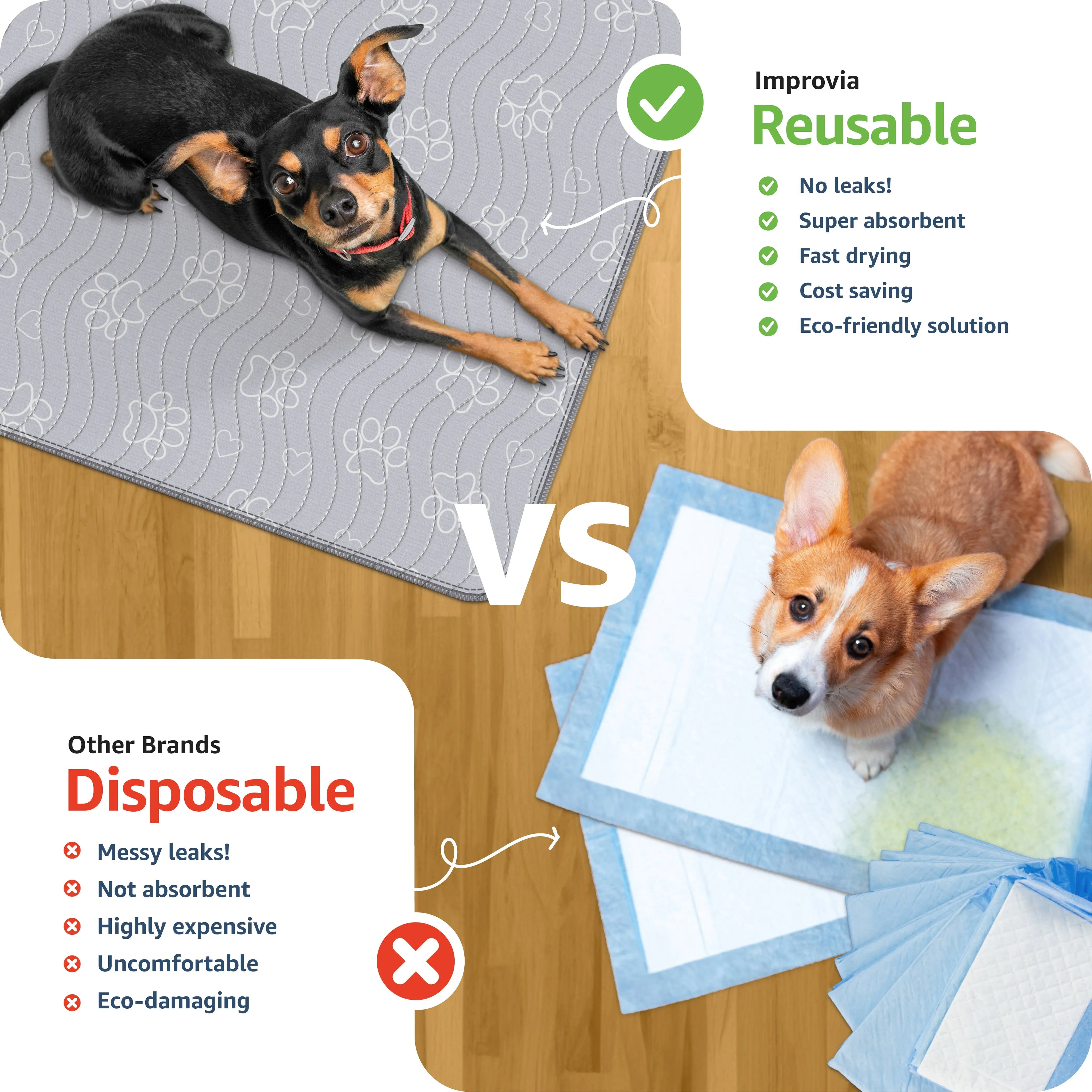 Improvia Reusable Ultra-Absorbent Puppy Pads – Washable Leakproof Dog Training & Whelping Mats