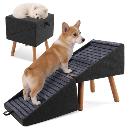 2-in-1 Convertible Wooden Dog Stairs & Ramp | Adjustable Ottoman Step Stool for Small & Senior Pets