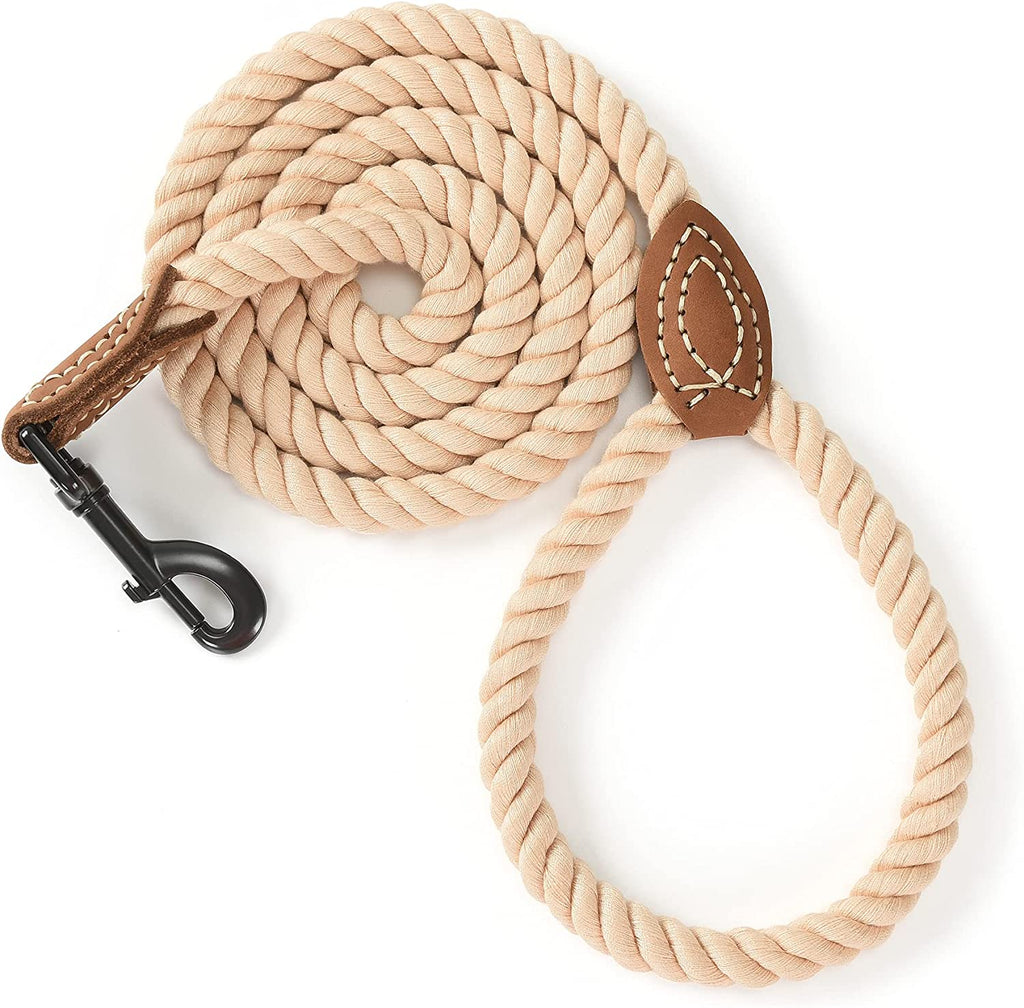 Dog Leash, Braided Cotton Rope Leash with Leather Tip